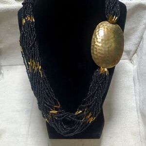 Vintage Boho Tribal Maximalist Black Seed Beed and Brass Statement Necklace